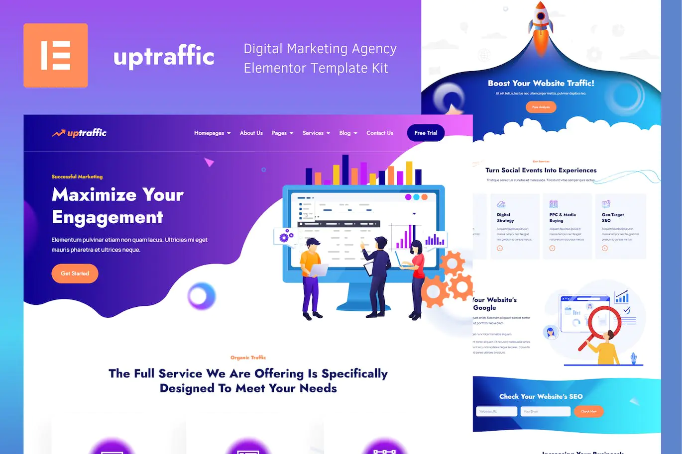 Uptraffic - Kit de plantillas Elementor Pro para agencia de marketing digital