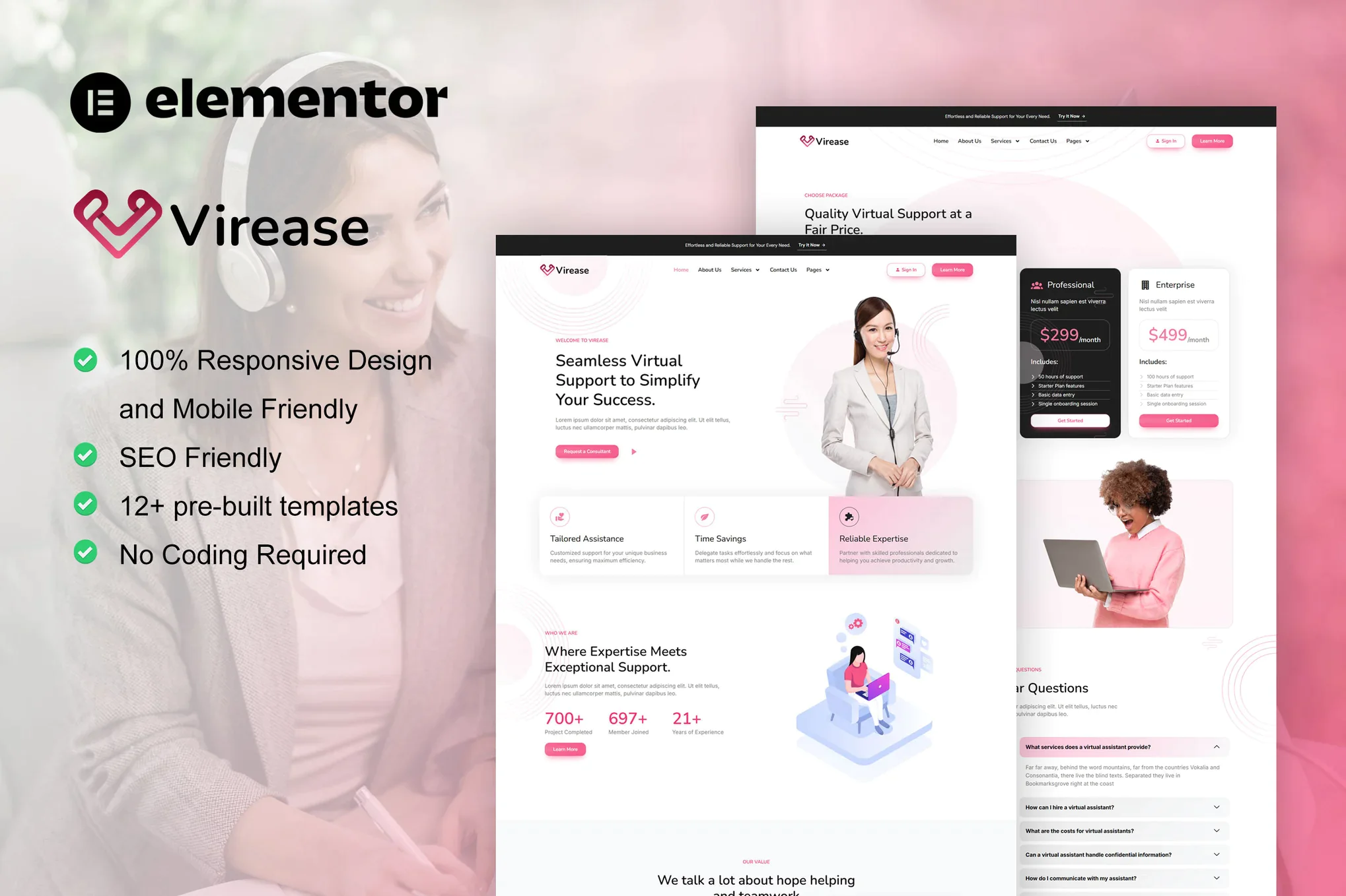 Virease - Kit de plantillas Elementor Pro para el servicio de asistente virtual