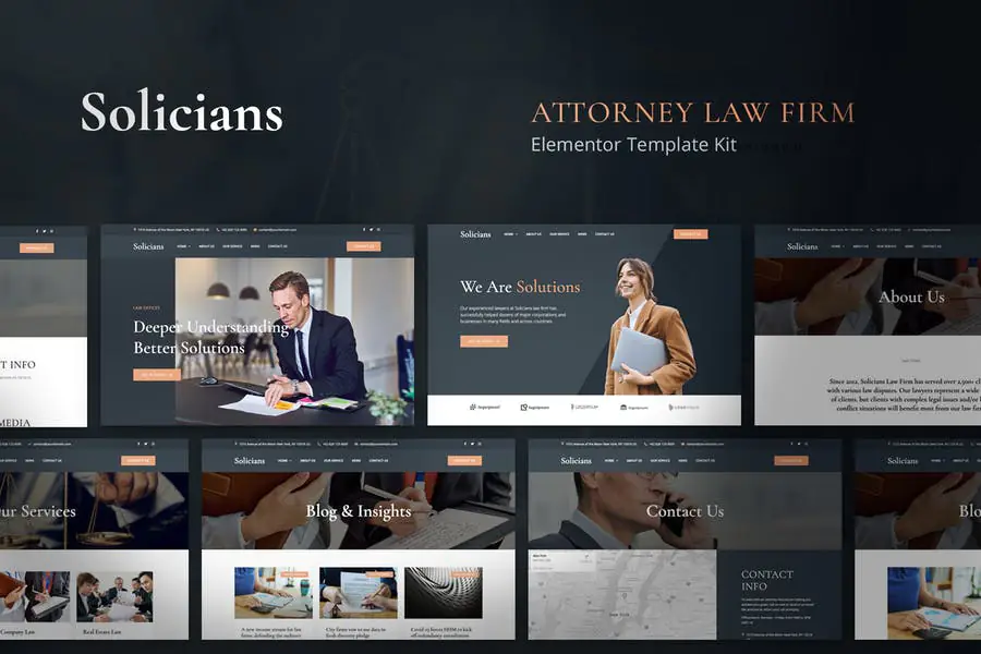 Solicians — Kit de plantillas Elementor para bufetes de abogados