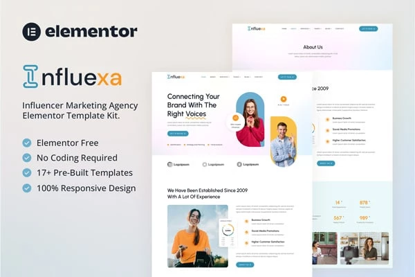 Influexa - Kit de plantillas Elementor para agencias de marketing de influencers