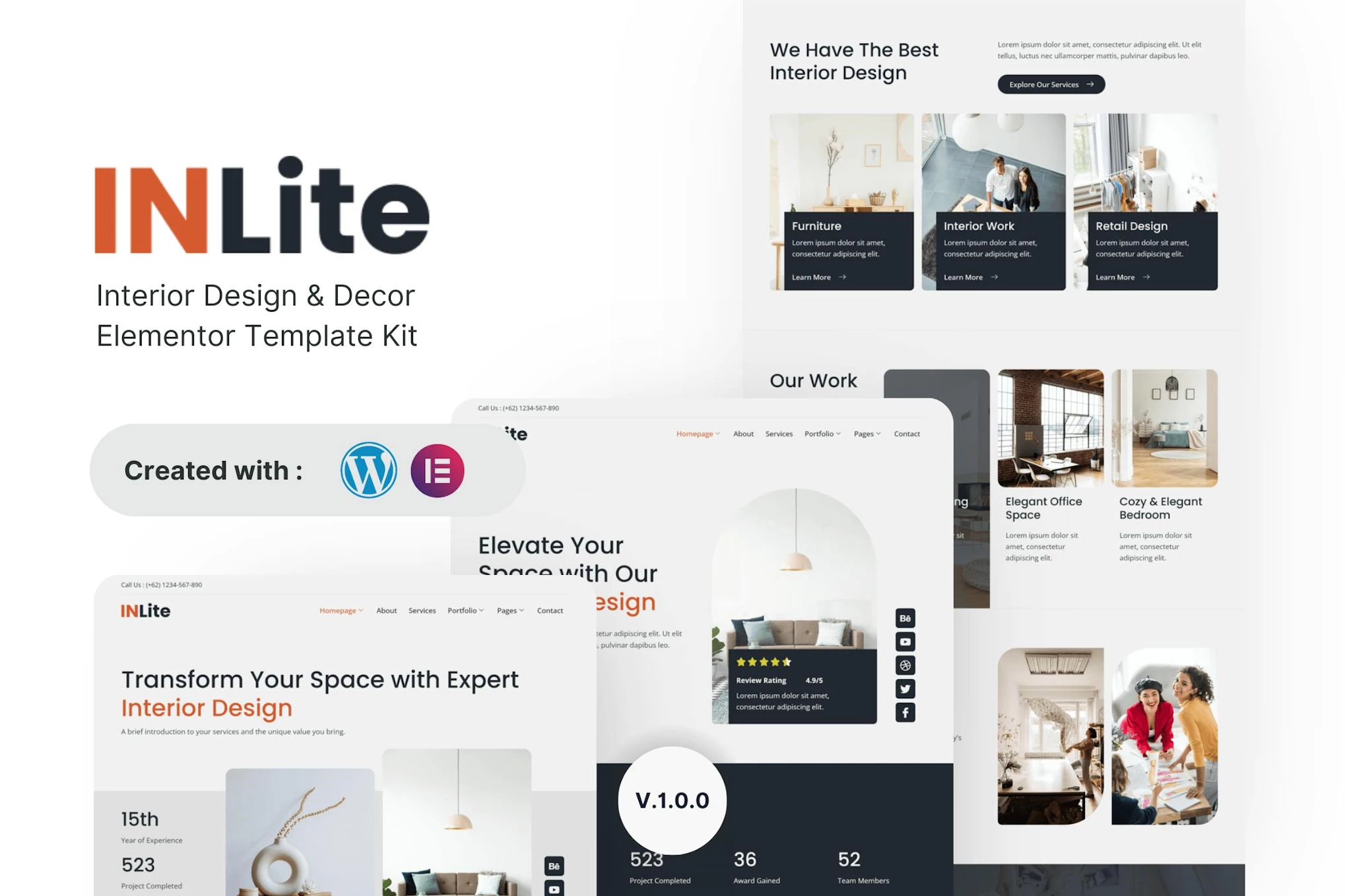 Inlite - Kit de plantillas Elementor para diseño de interiores y decoración