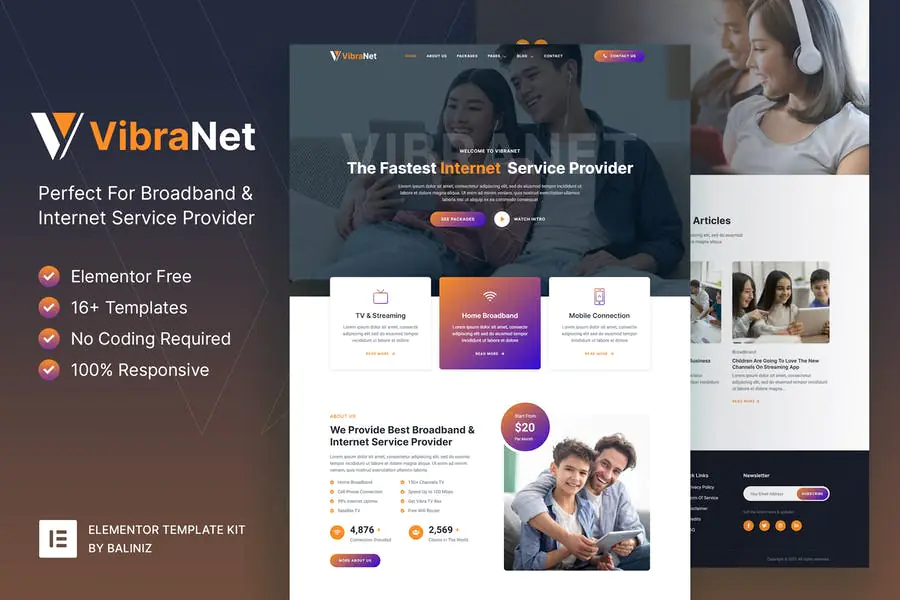 Vibranet — Template Kit Elementor para proveedores de servicios de Internet y banda ancha