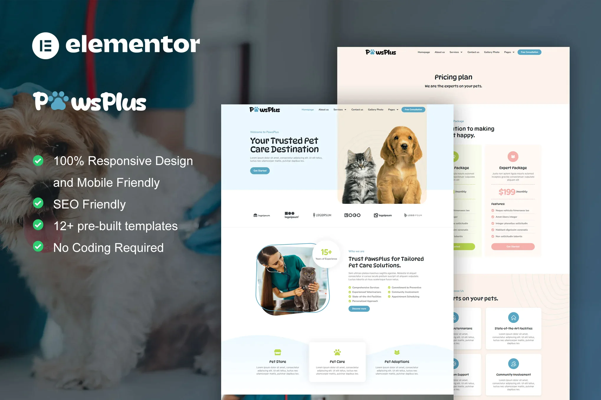 PawsPlus - Kit de plantillas Elementor para cuidado de mascotas y veterinaria