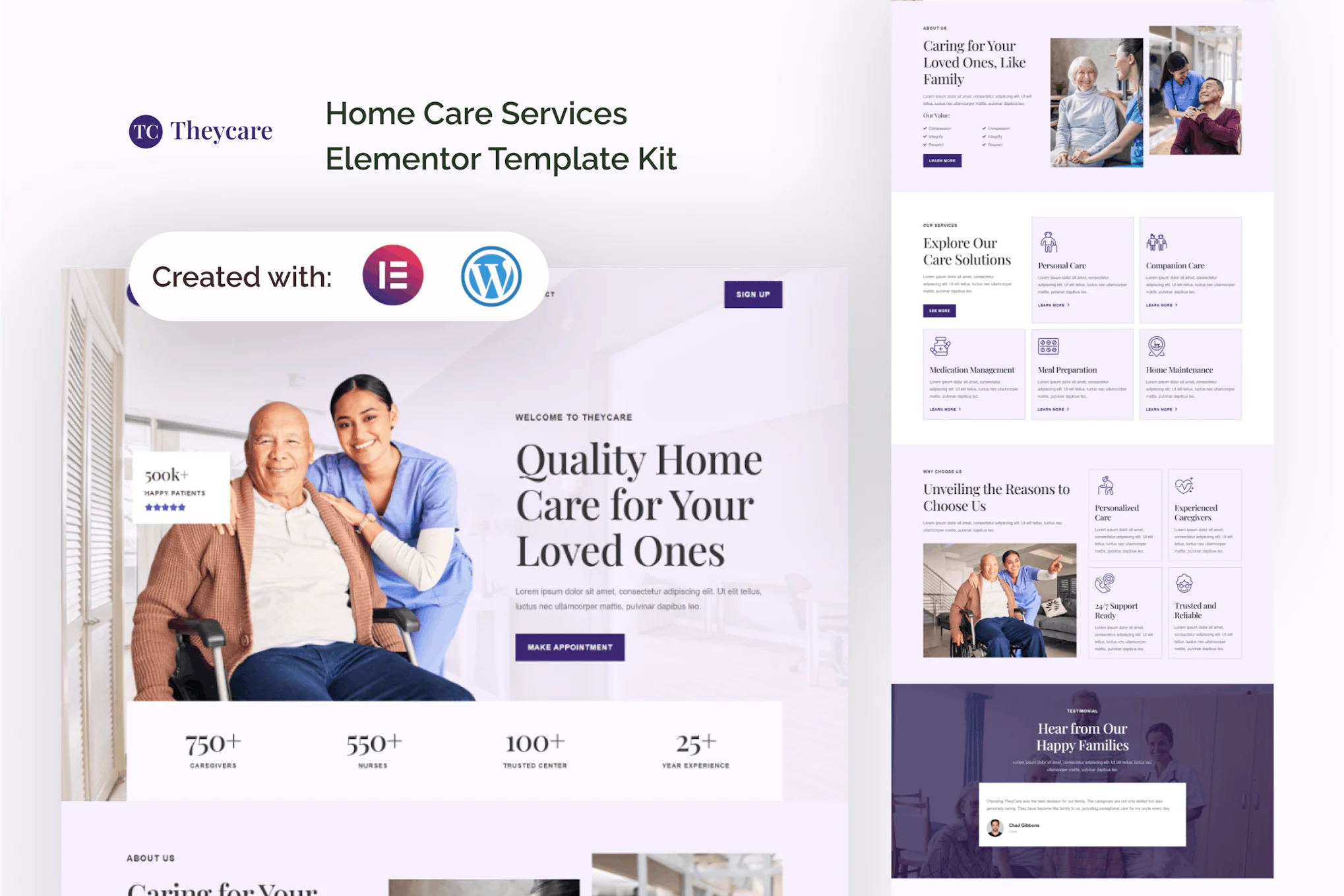 Theycare - Kit de plantillas Elementor para servicios de atención domiciliaria