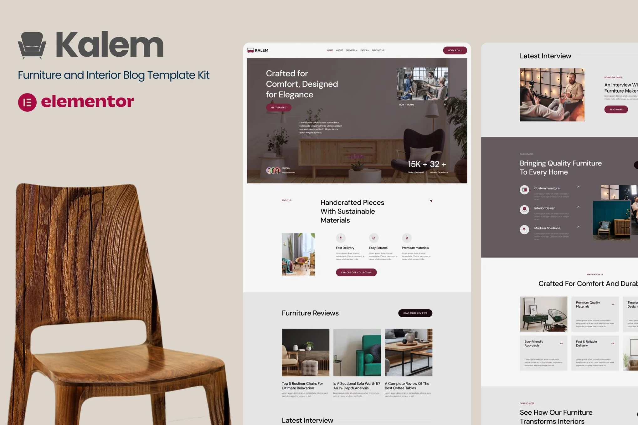 Kalem - Kit de plantillas Elementor para blog de muebles y diseño de interiores