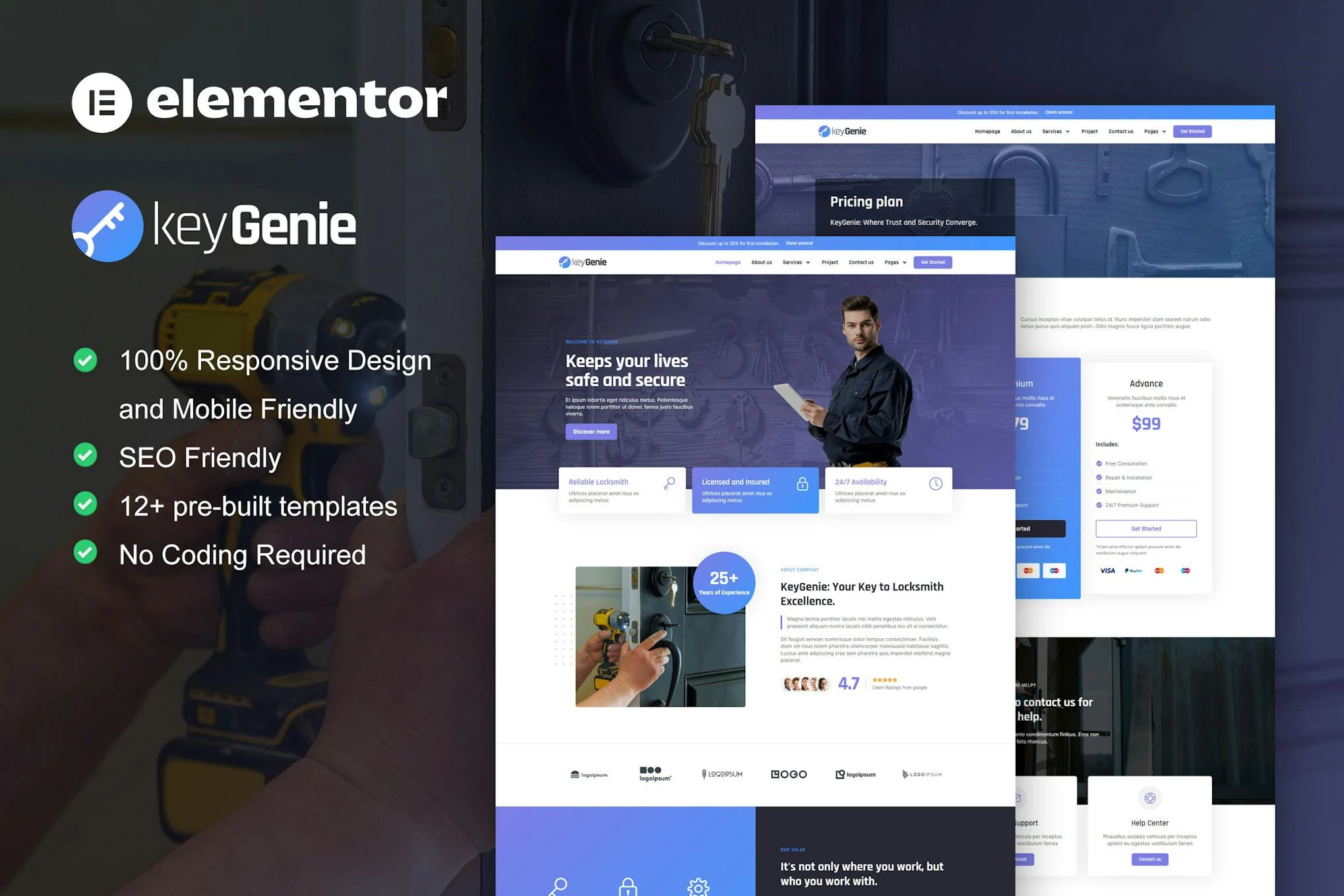 KeyGenie - Kit de plantillas Elementor para servicio de cerrajería y fabricante de llaves