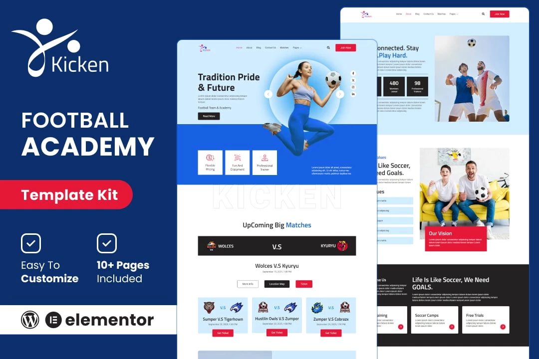 Kicken - Kit de plantillas Elementor para Academia de Fútbol y Deportes