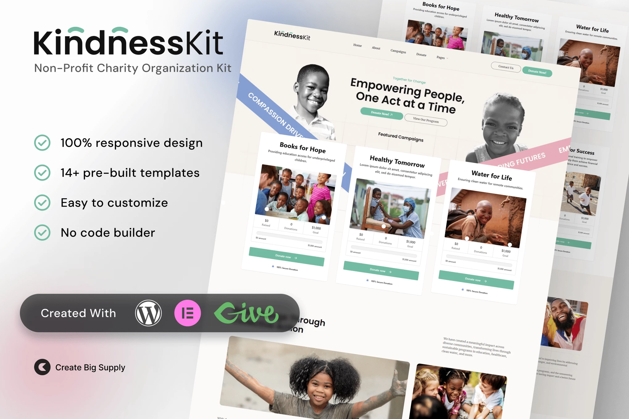 KindnessKit - Kit de plantillas Elementor para organizaciones benéficas y sin fines de lucro: donaciones y recaudación de fondos