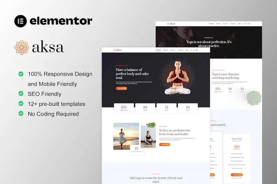 Aksa - Kit de plantillas Elementor para profesores de yoga y estudio