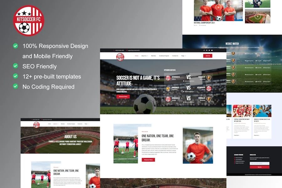 KitSoccer - Kit de plantillas Elementor para equipos de fútbol y deportes