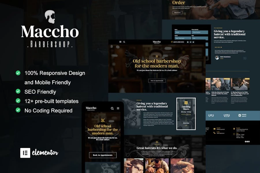 Maccho - Kit de plantillas Elementor para barbería para caballeros
