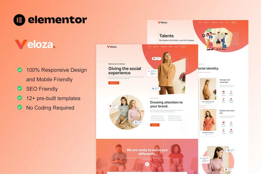 Veloza - Kit de plantillas Elementor para agencias de talentos e influenciadores