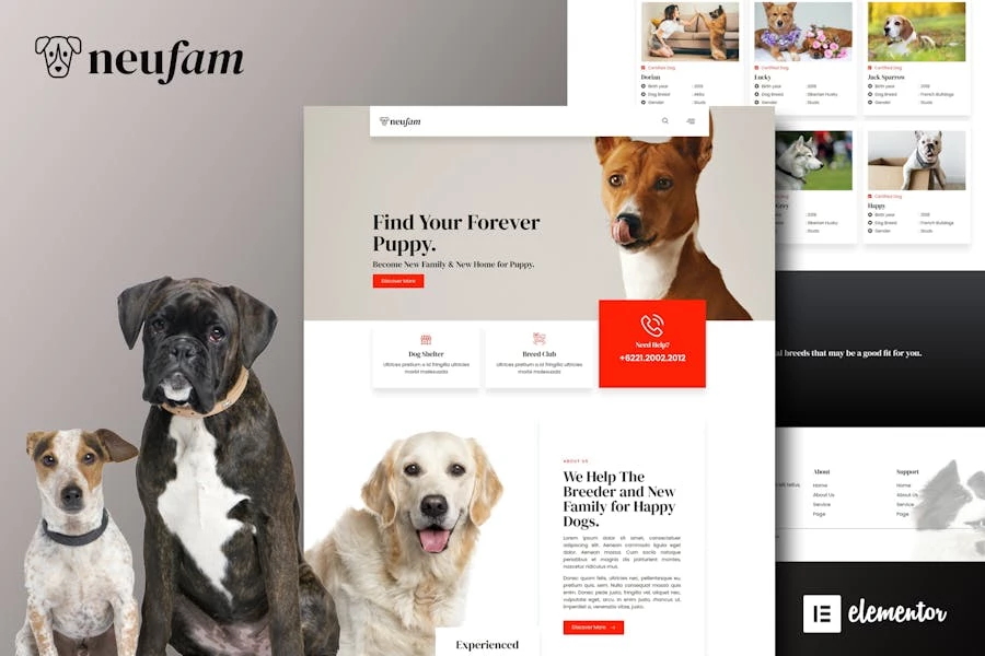 NeuFam - Kit de plantillas Elementor para criadores de perros y clubes caninos