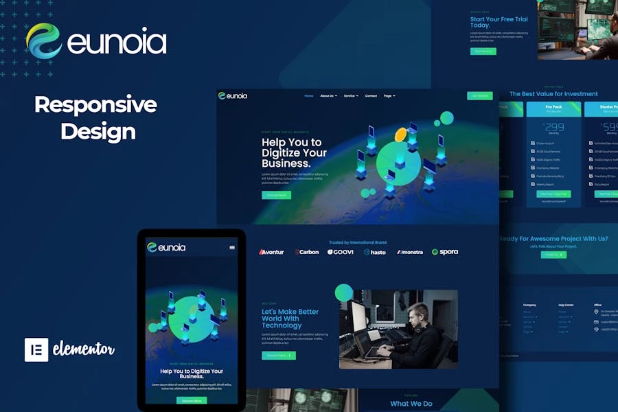 Eunoia - Kit de plantillas Elementor de servicios digitales para empresas de tecnología