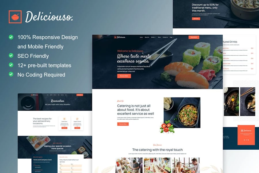 Deliciouso - Kit de plantillas Elementor para catering y restaurantes
