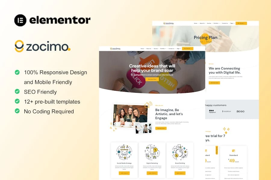 Zocimo - Kit de plantillas Elementor para agencia de marketing en redes sociales