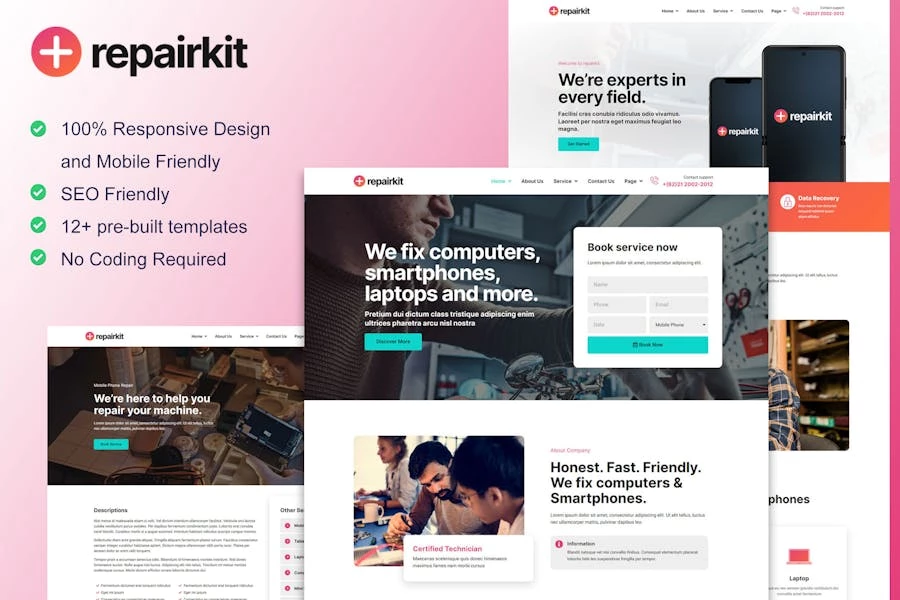 RepairKit - Kit de plantillas Elementor para reparación de teléfonos móviles y computadoras