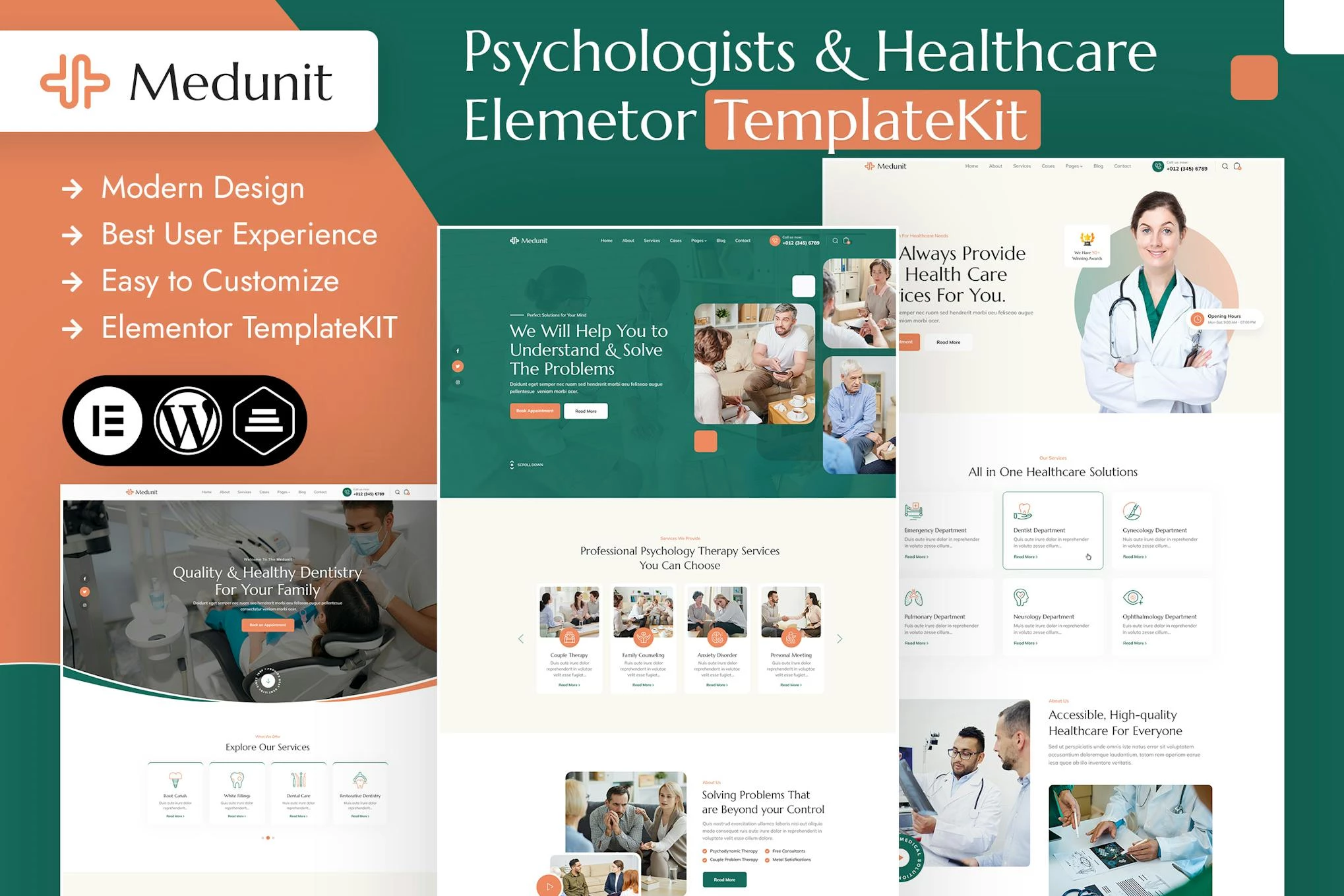 Medunit - Kit de plantillas Elementor para psicólogos y cuidado de la salud