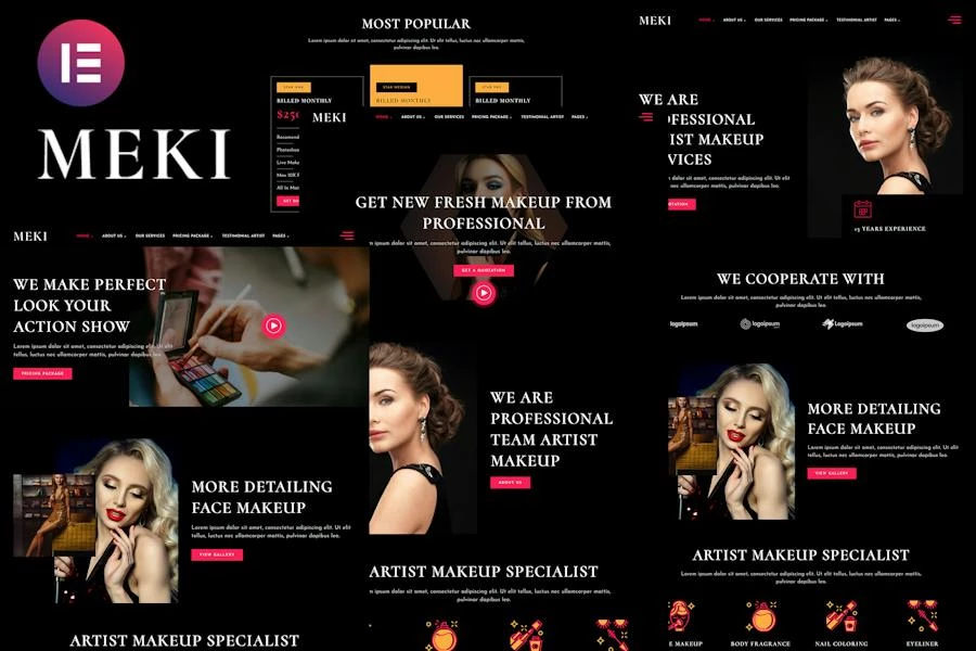 Meki - Template Kit Elementor para servicios empresariales de maquillaje de artistas