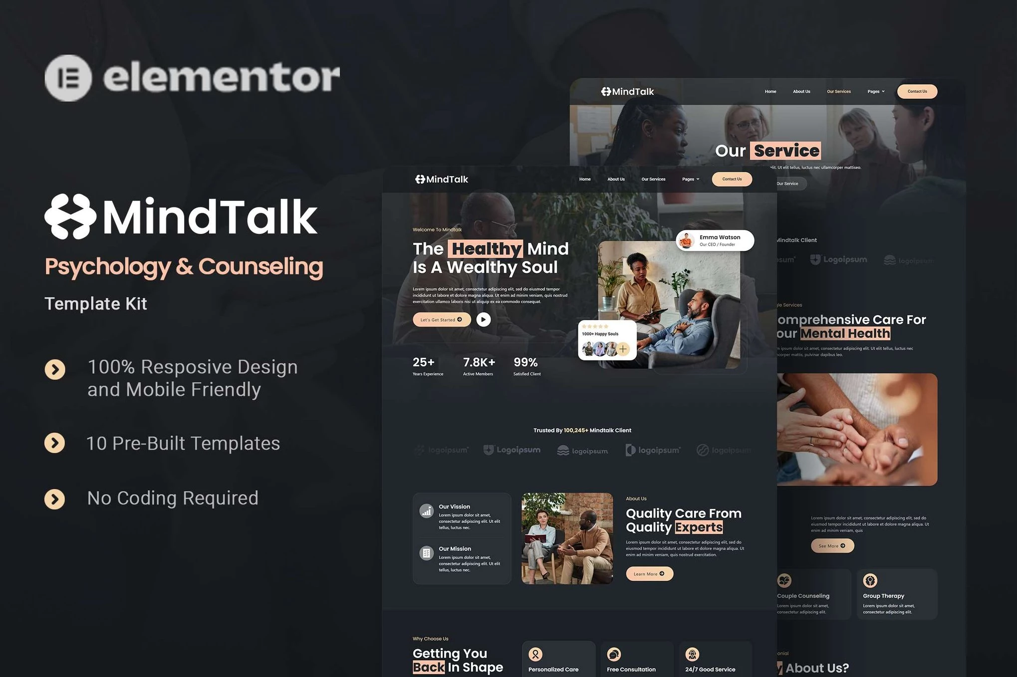 MindTalk - Kit de plantillas Elementor para psicología y asesoramiento
