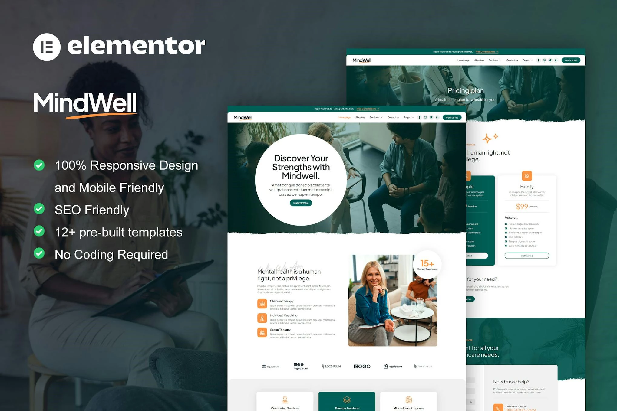 MindWell - Kit de plantillas Elementor Pro para el cuidado de la salud mental