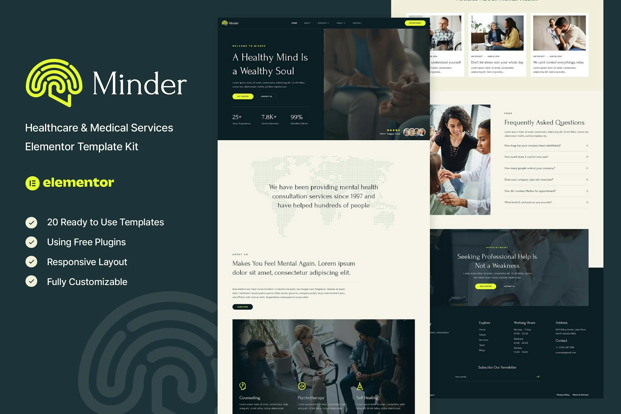 Minder - Kit de plantillas Elementor para salud mental y terapia