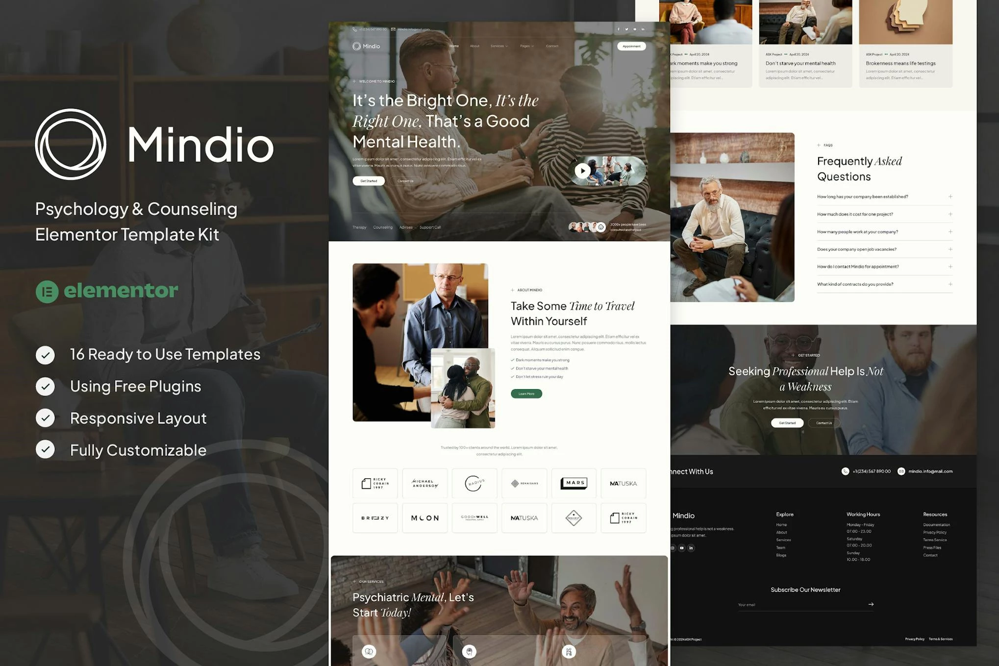 Mindio - Kit de plantillas Elementor para psicología y asesoramiento