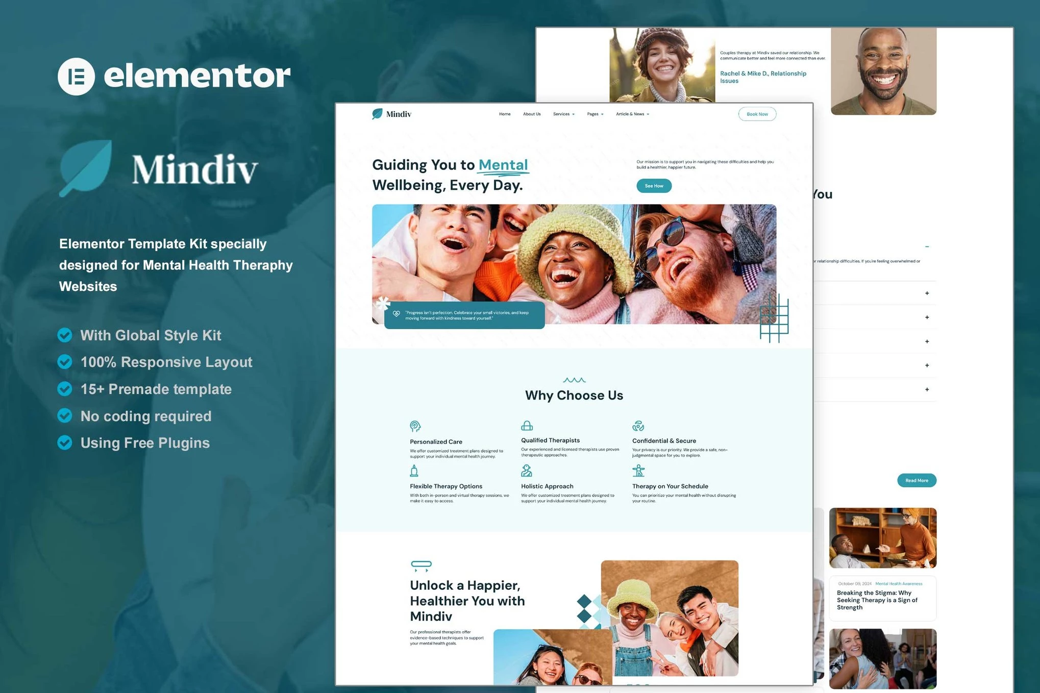 Mindiv - Kit de plantillas Elementor para terapia de salud mental