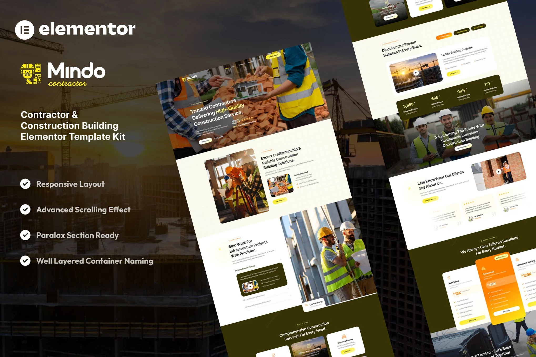 Mindo - Kit de plantillas Elementor para contratistas y constructores
