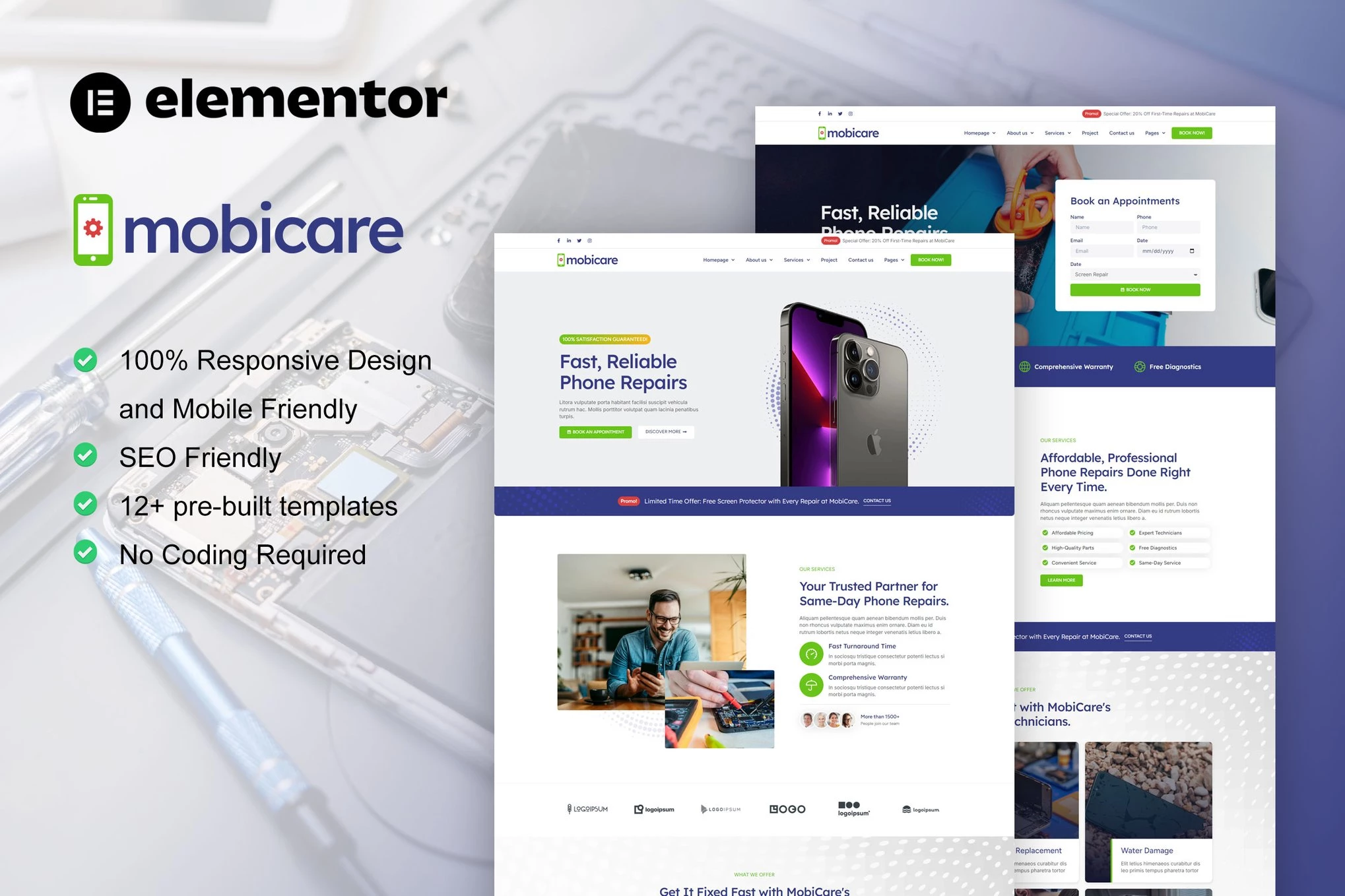 MobiCare - Kit de plantillas Elementor Pro para reparación de teléfonos móviles y computadoras
