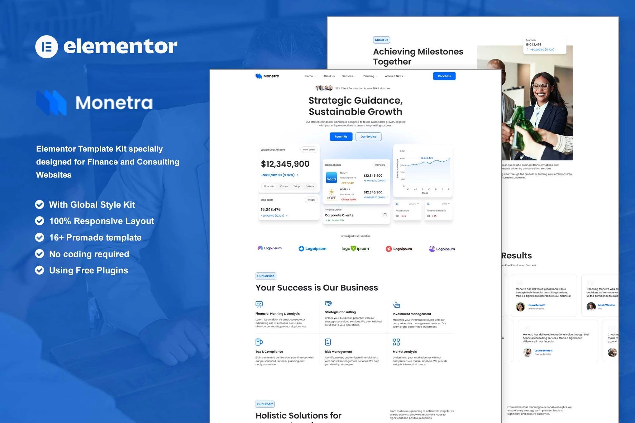 Monetra - Kit de plantillas Elementor para finanzas y consultoría