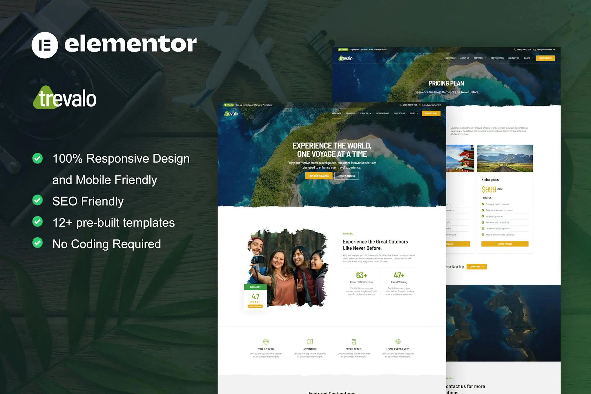 Trevalo - Kit de plantillas Elementor Pro para agencias de viajes y excursiones
