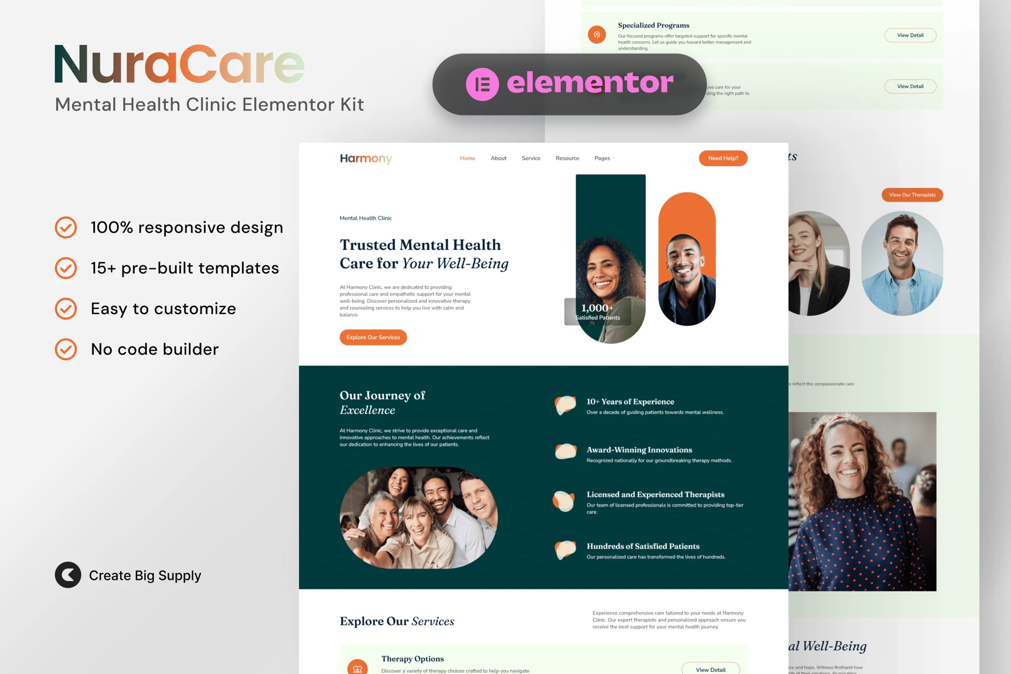 NuraCare - Kit de plantillas Elementor para clínicas de salud mental