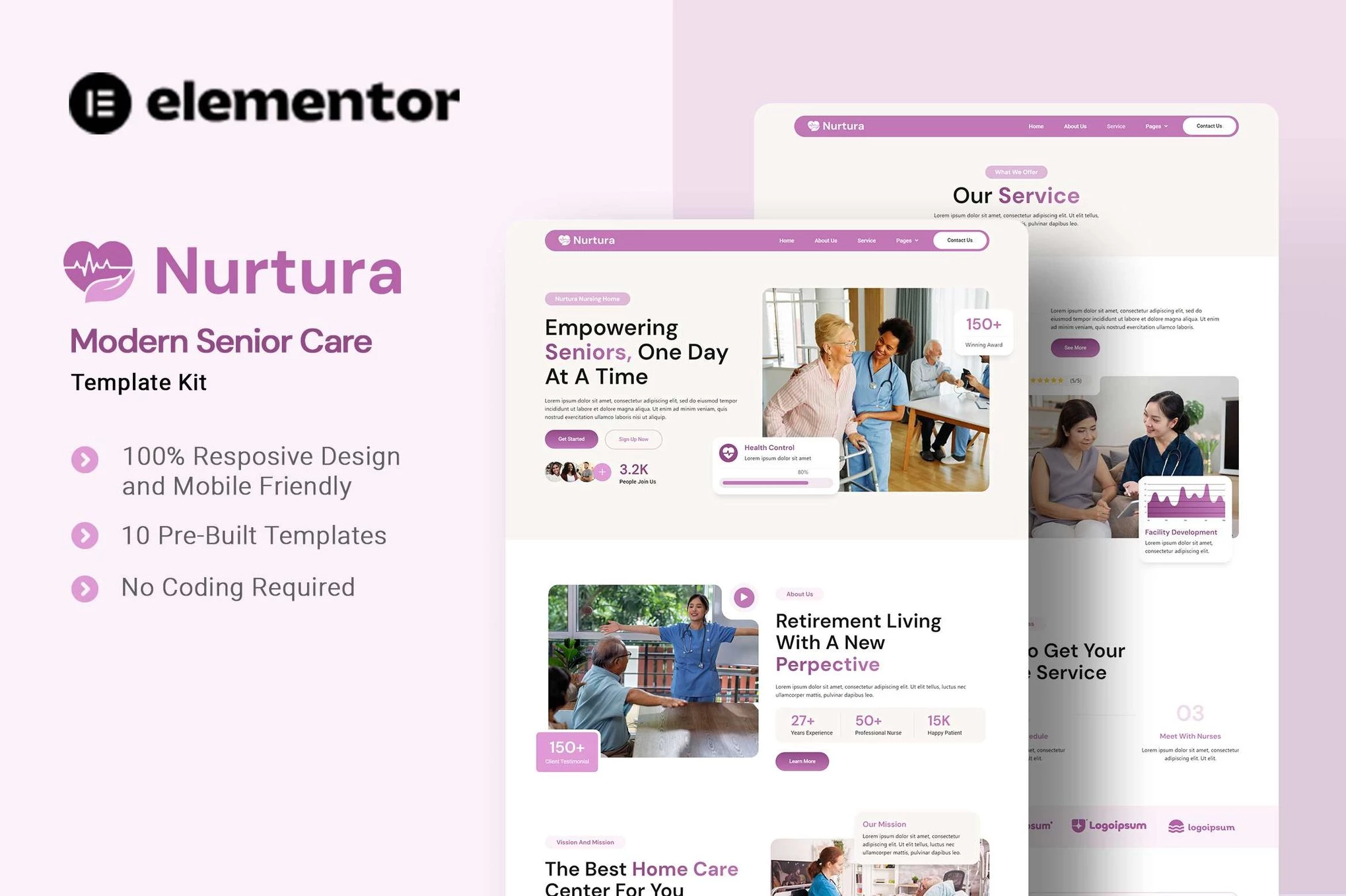 Nurtura - Kit de plantillas Elementor moderno para el cuidado de personas mayores