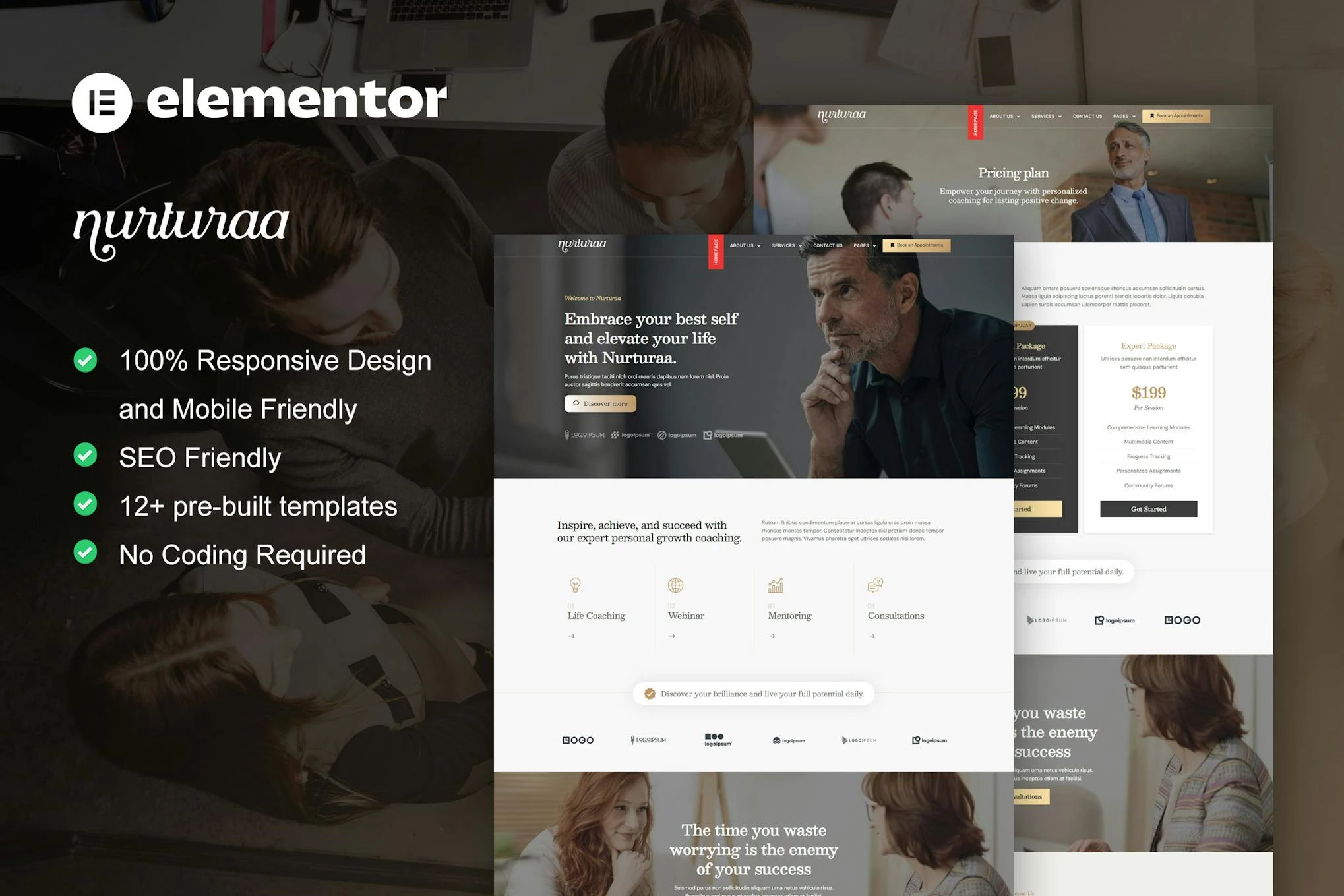 Nurturaa - Kit de plantillas Elementor Pro para coach de vida y motivador