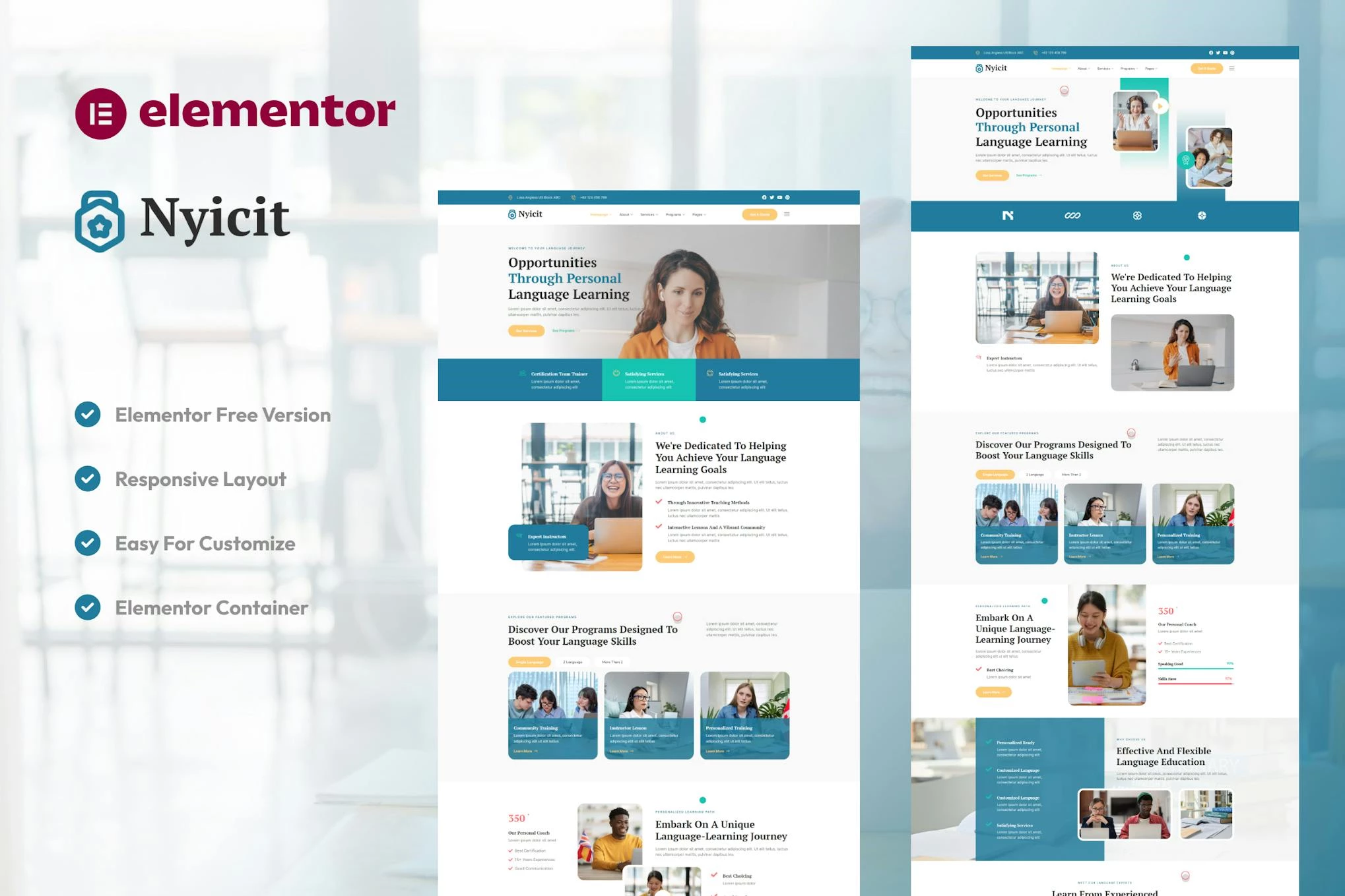 Nyicit - Kit de Plantillas Elementor para Cursos de Idiomas y Centros de Aprendizaje