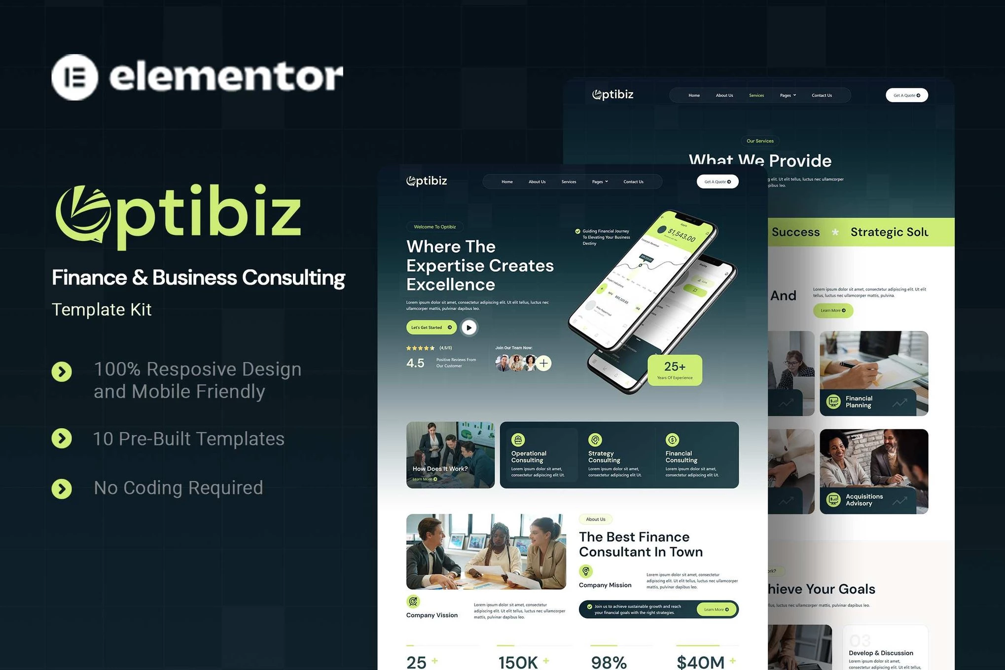 Optibiz - Kit de plantillas Elementor para consultoría financiera y empresarial