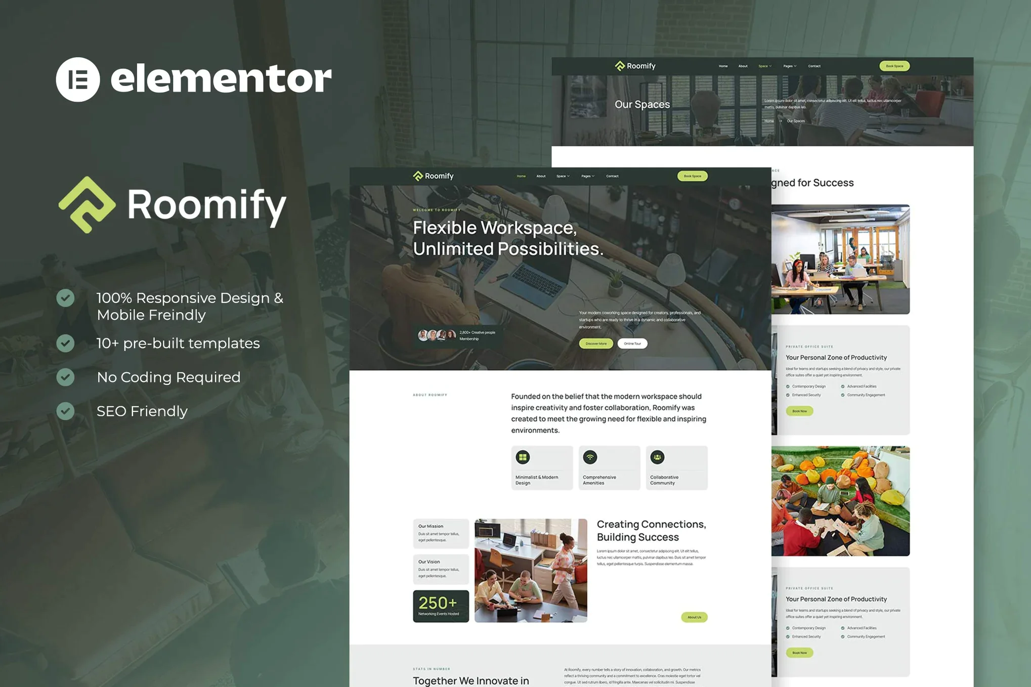 Roomify - Kit de plantillas Creative Space Elementor para coworking