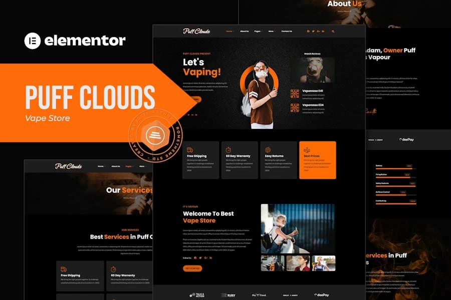 Puff Clouds - Kit de Plantilla Elementor de Vape Store