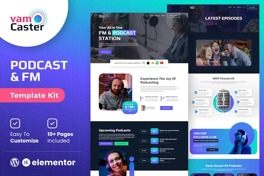 Vamcaster - Kit de plantillas Elementor para podcasts y streaming de Vídeo