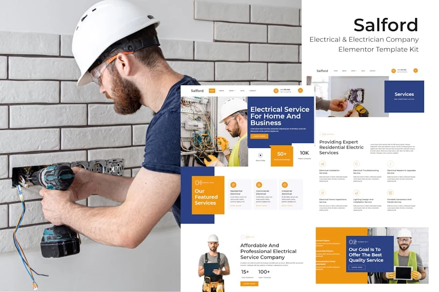 Salford - Kit de plantillas Elementor Pro para una empresa de servicios eléctricos y electricistas