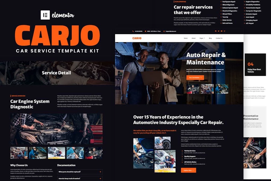 Carjo - Kit de plantillas Elementor para servicios y reparación de automóviles