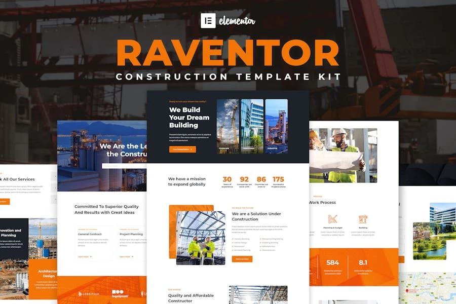 Raventor - Kit de plantillas Elementor para construcción y arquitectura