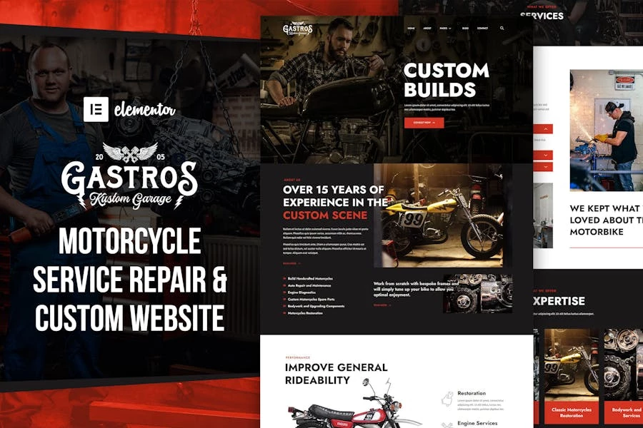 Gastros Garage - Kit de plantillas Elementor para reparación de servicio de motocicletas