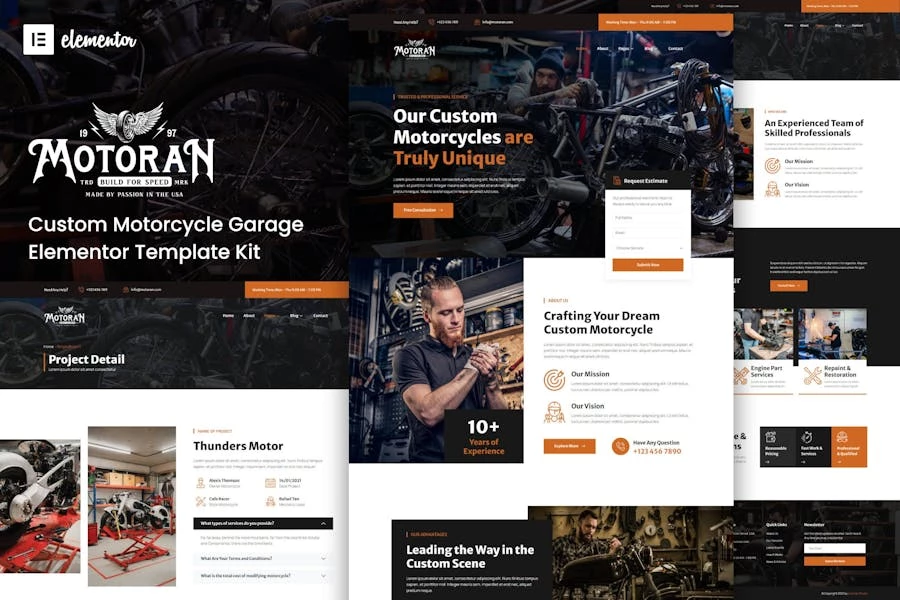 Motoran - Template Kit Elementor de servicio de garaje personalizado para motocicletas