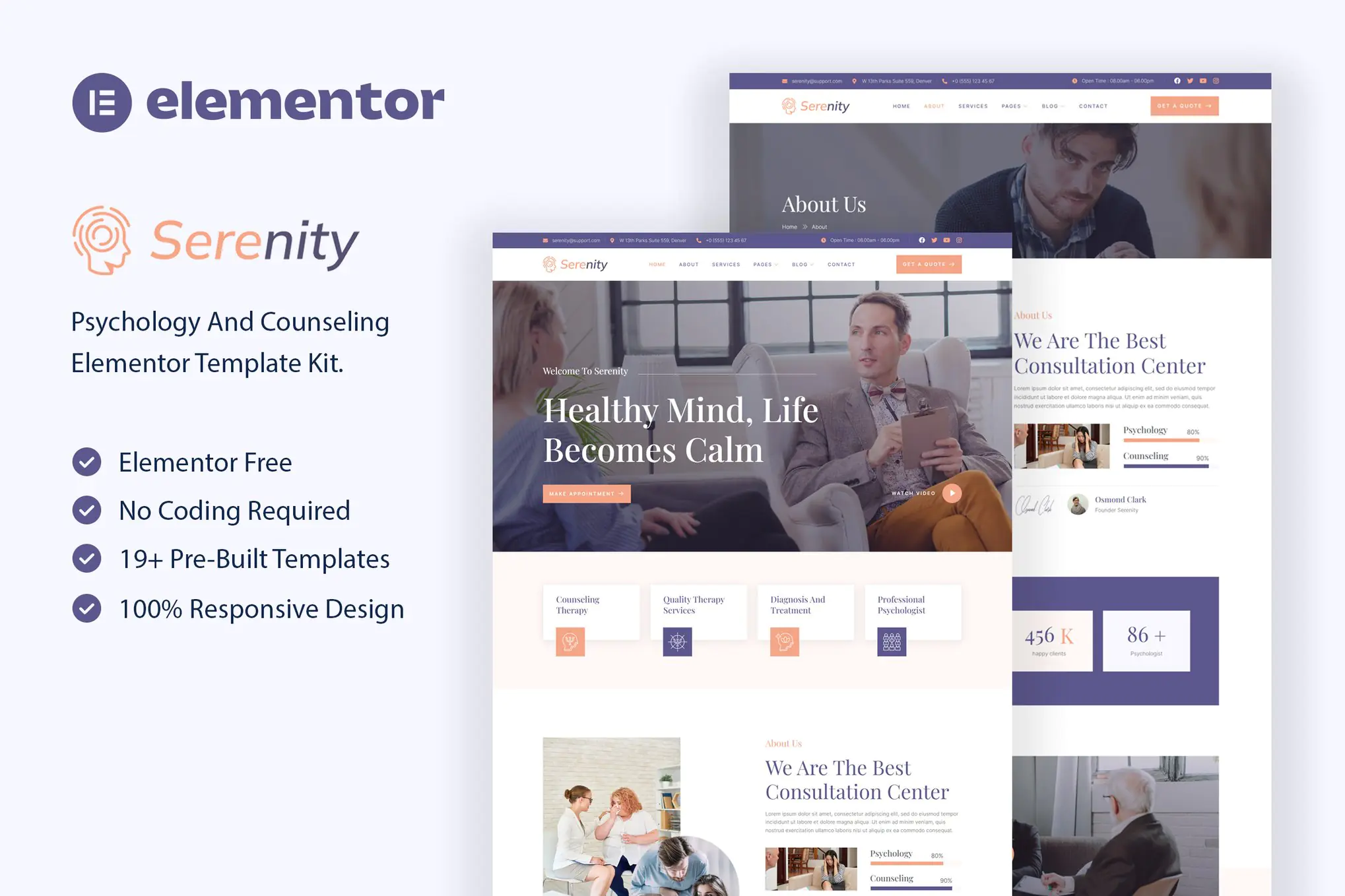 Serenity - Kit de plantillas Elementor para psicología y asesoramiento