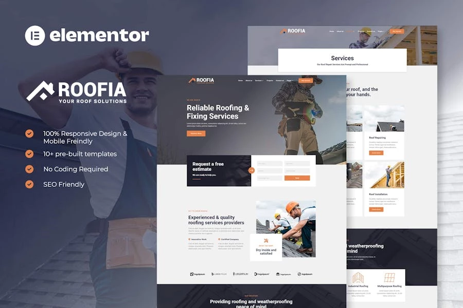 Roofia - Kit de plantillas Elementor para servicios de techado