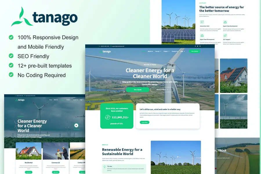 Tanago - Kit de plantillas Elementor Pro de energía renovable verde
