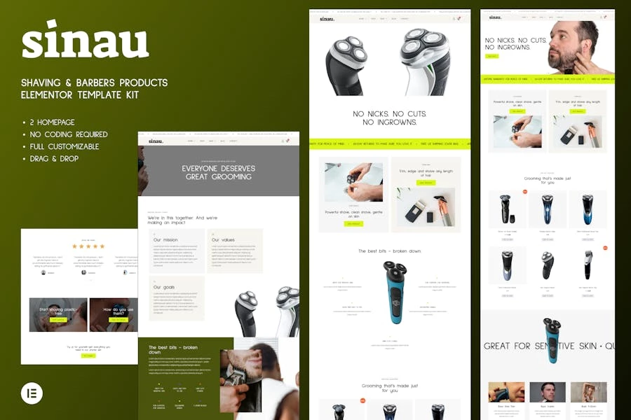 Sinau - Kit de plantillas Elementor para productos de afeitado y barbería