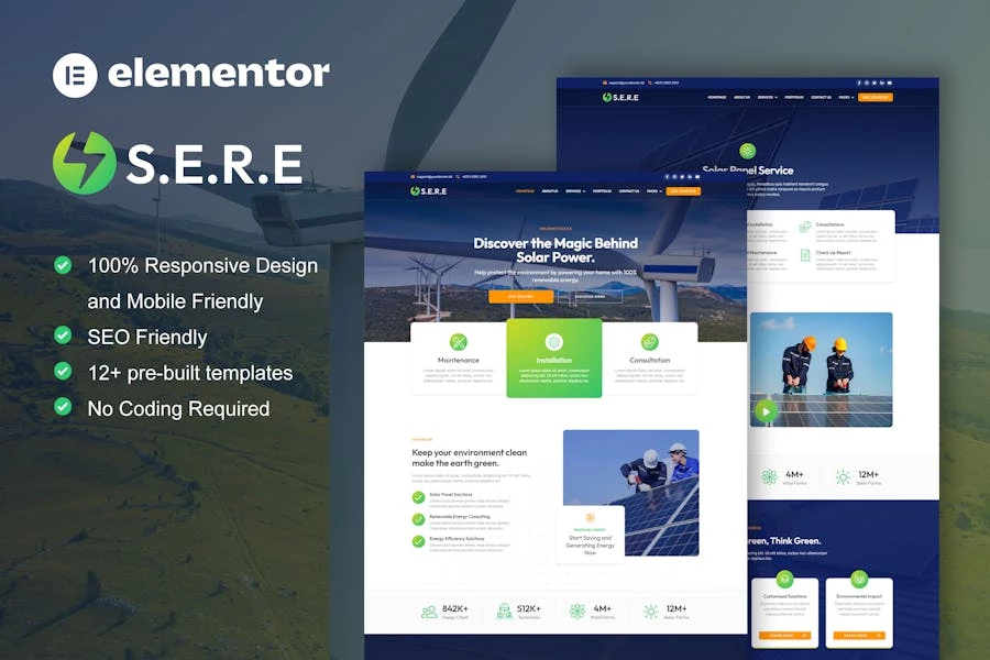 Sere - Kit de plantillas Elementor Pro para energía solar y renovable